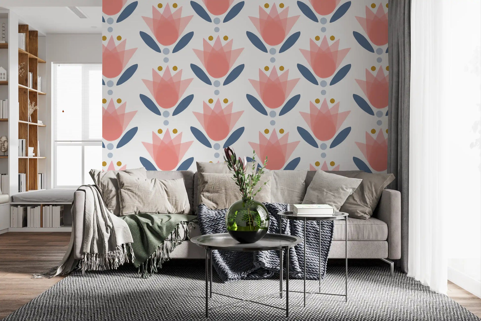 Lounge area backed by the Soft Serenity Wallpaper in pink and blu