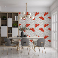 Dining room alcove finished in Red Peony Wallpaper with pale timber bench