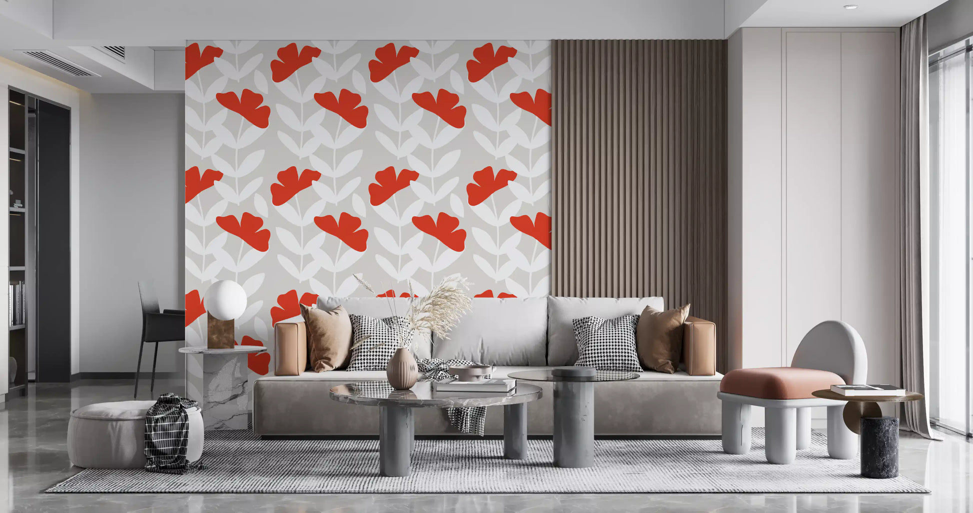 Living room area carrying the Red Peony Wallpaper as a feature run