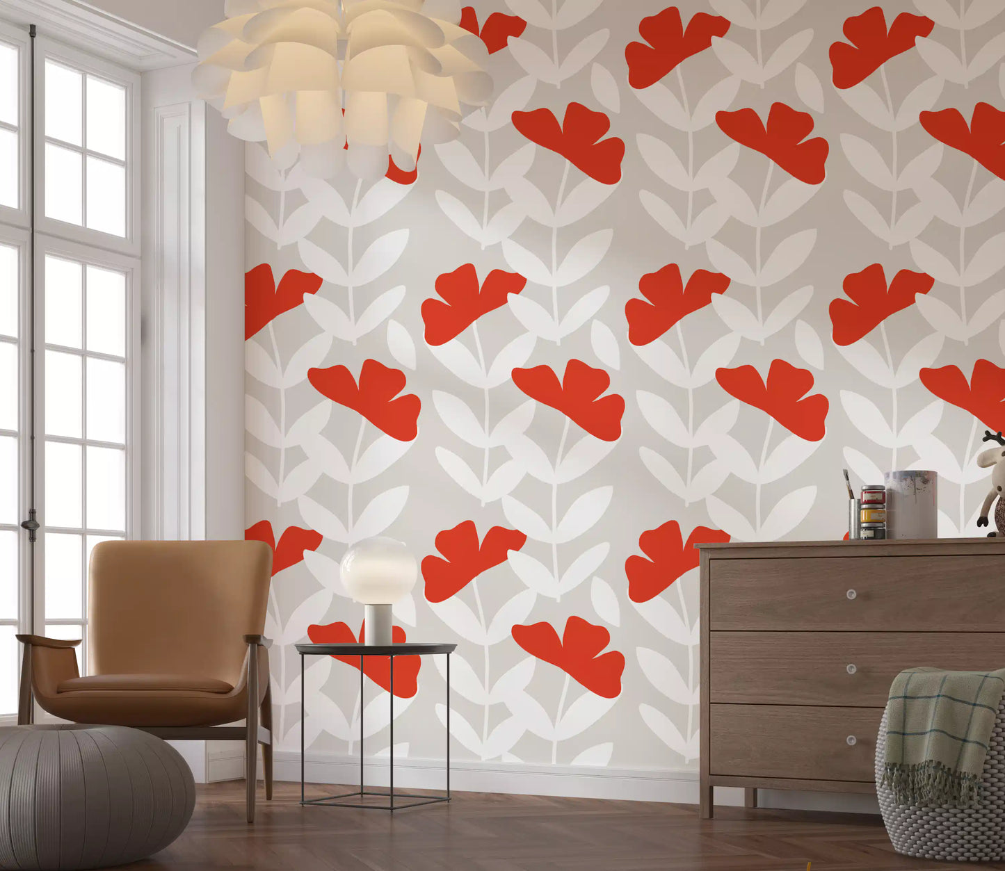 Living room with open shelving set against Red Peony Wallpaper backdrop