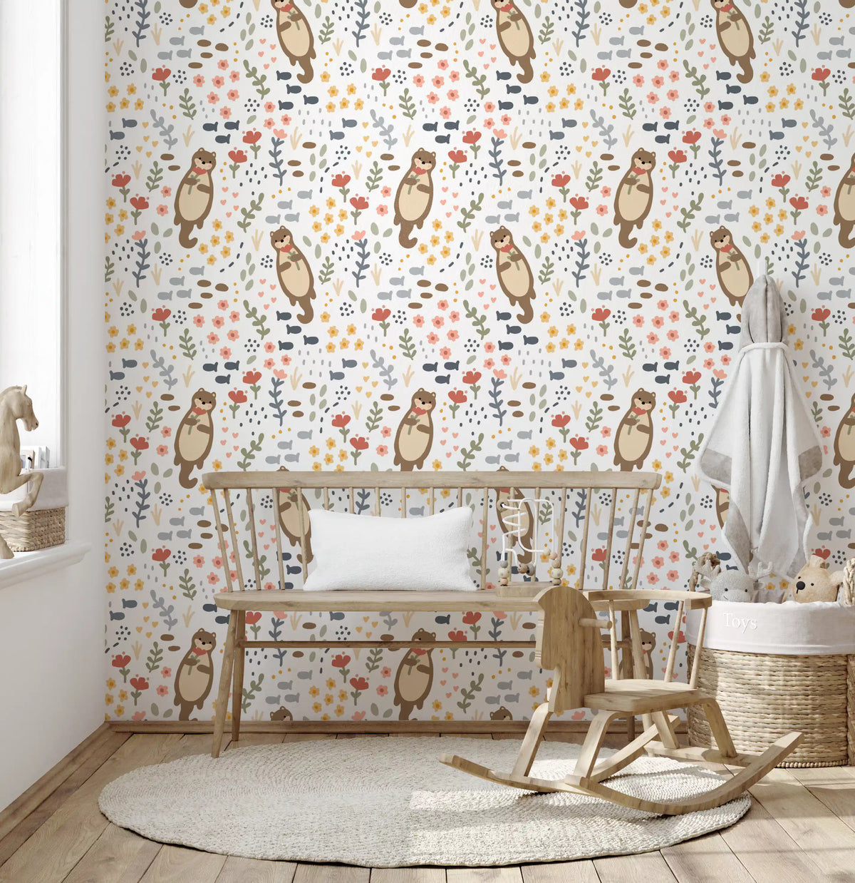 Kids' bedroom styled with Whimsical Otters Wildflowers wallpaper 