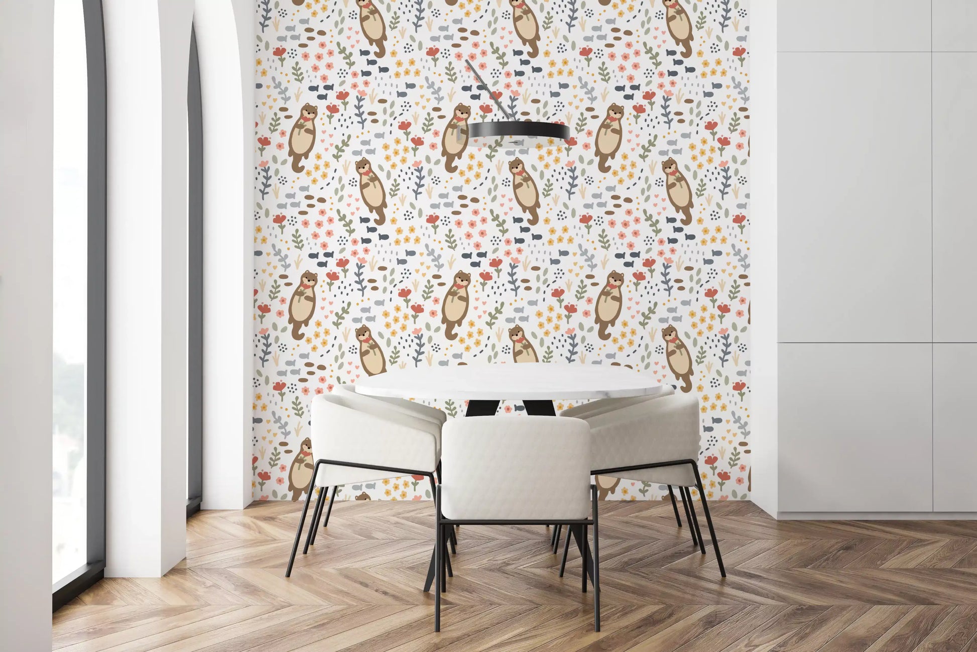 Repeat layout of the Otters Wildflowers wallpaper with fishes, daisies, and hearts
