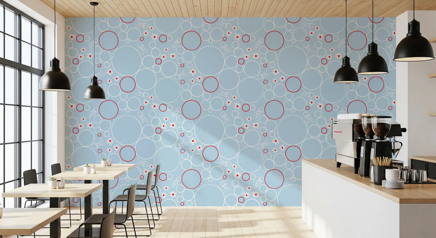 Light sky-blue base carries the motif in River wallpaper
