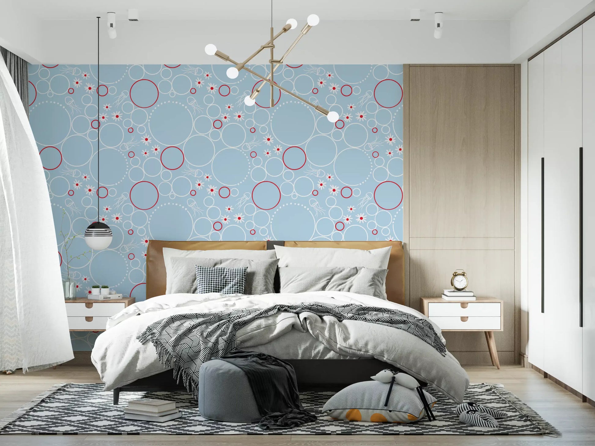 Bedroom corner finished using River Bubbles wallpaper for a fresh look