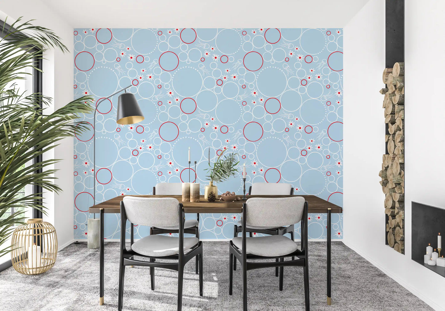 Dining room pairing pink bedding with River wallpaper