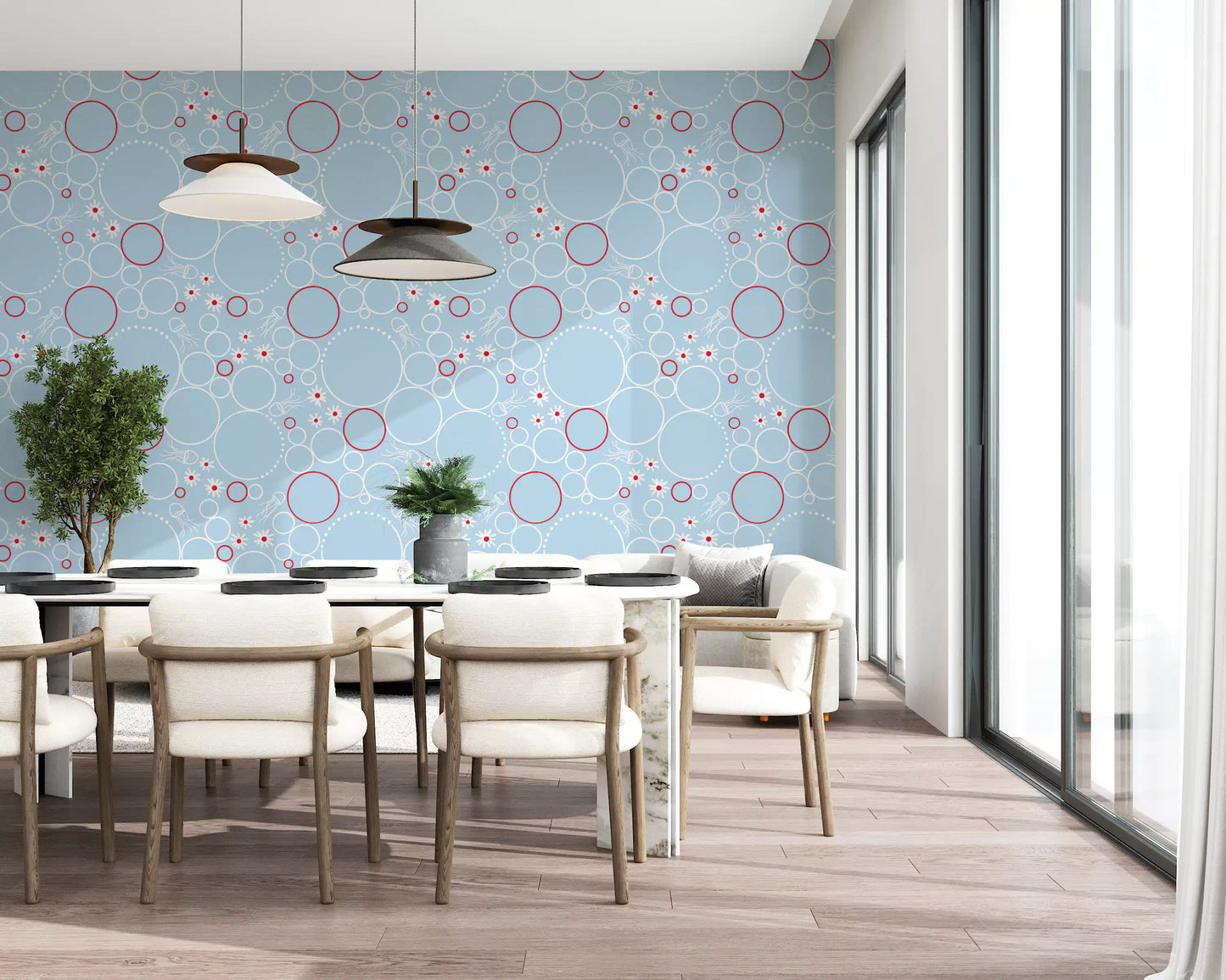 River Bubbles wallpaper bringing pattern into a bright dining room
