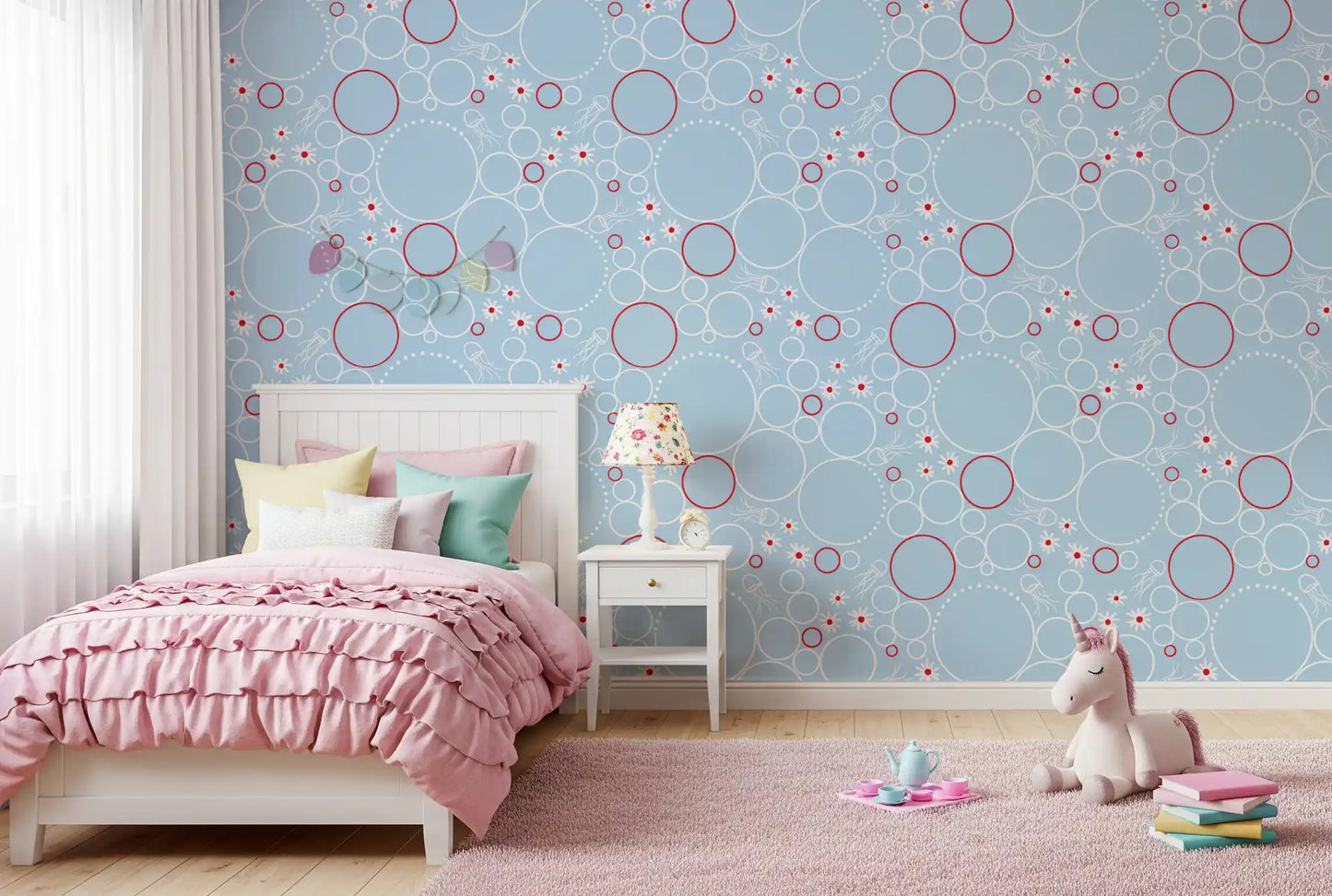 River Bubbles wallpaper showing red rings and white circles on blue