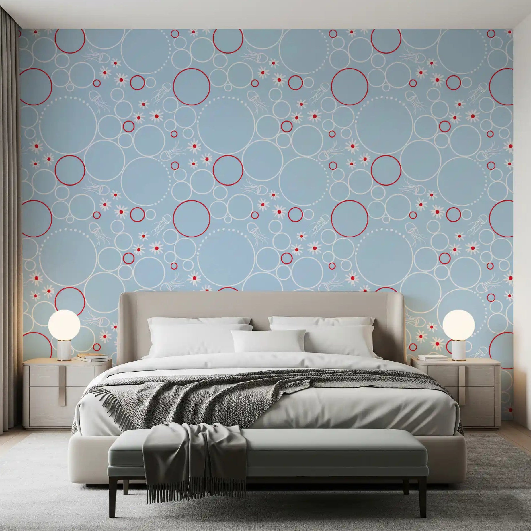 Bedroom with River Bubbles wallpaper behind a low grey bed