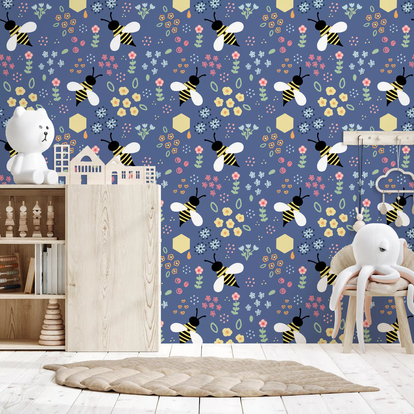 Honeycomb Nursery and yellow blooms sit across the Bee Garden Wallpaper