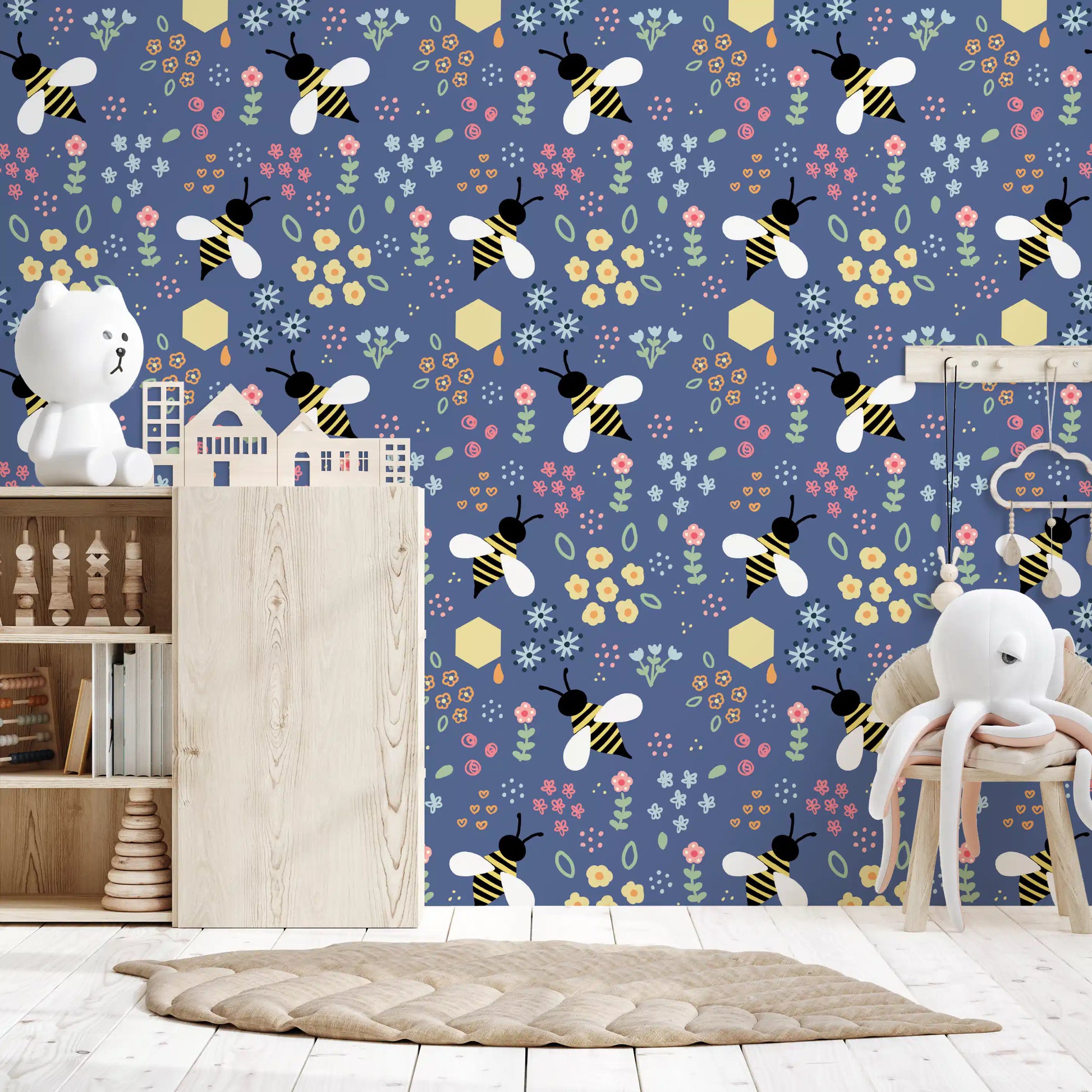 Honeycomb Nursery and yellow blooms sit across the Bee Garden Wallpaper