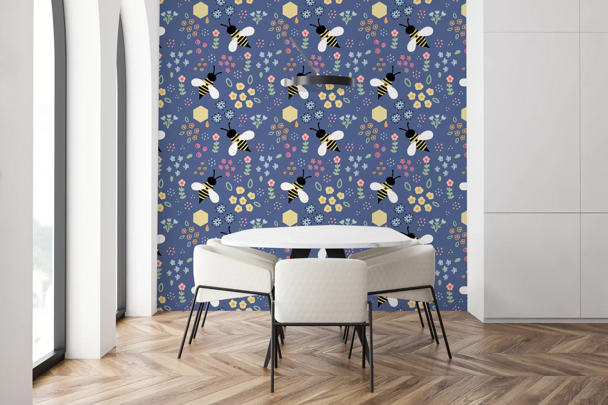 Whimsical Bee Garden Wallpaper showing two bees among scattered pastel florals