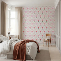 Cottage Roses Wallpaper with pink blooms inside scalloped red diamond lattice