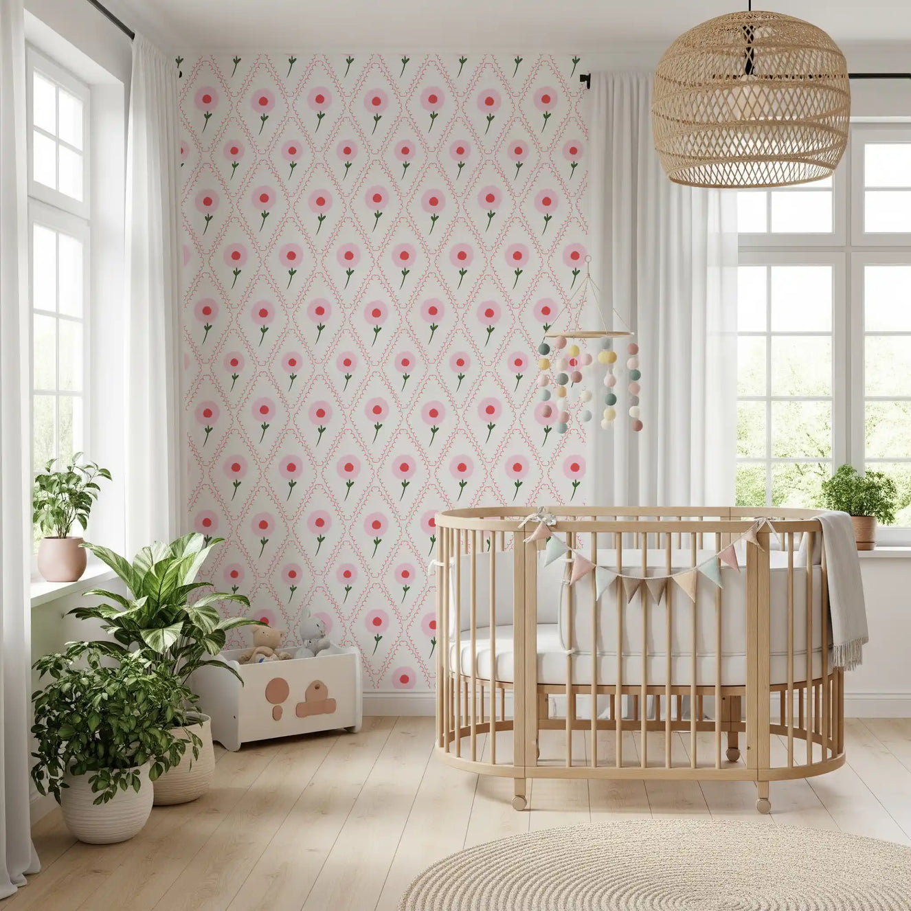 Nursery corner styled in soft tones, Cottage Roses Wallpaper 