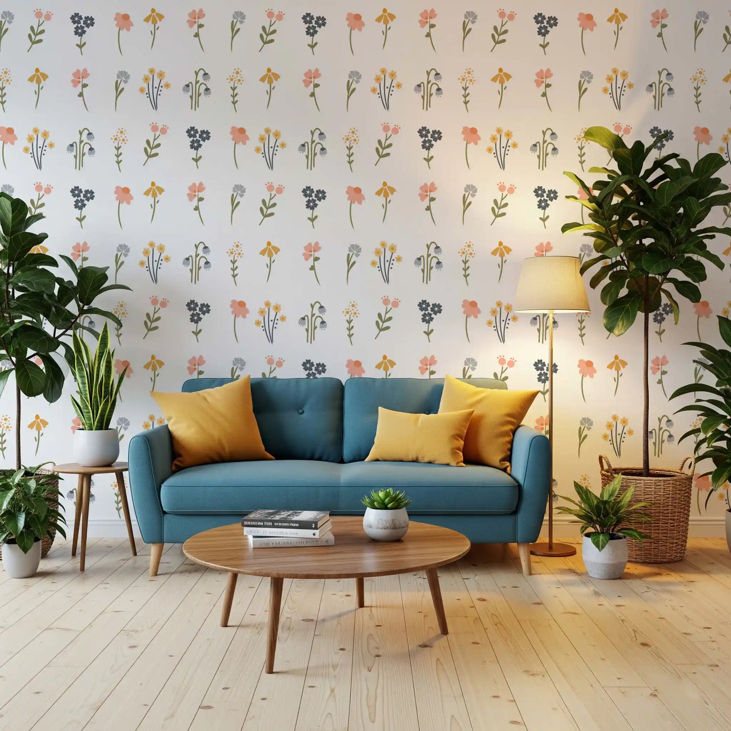 A lounge corner done in the Wildflower Portraits wallpaper for a cottagecore mood