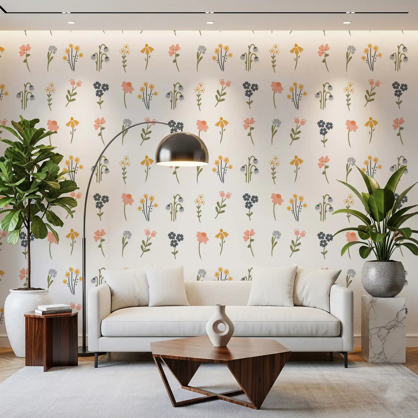 Pastel sprigs sit evenly inside the Wildflower Portraits wallpaper repeat