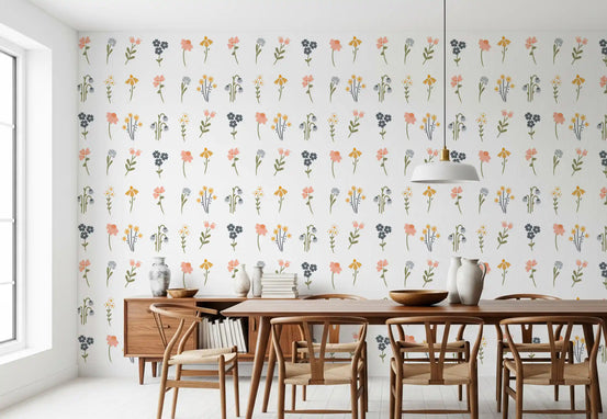 Dining room interior styled with the Wildflower Portraits wallpaper in pastel florals