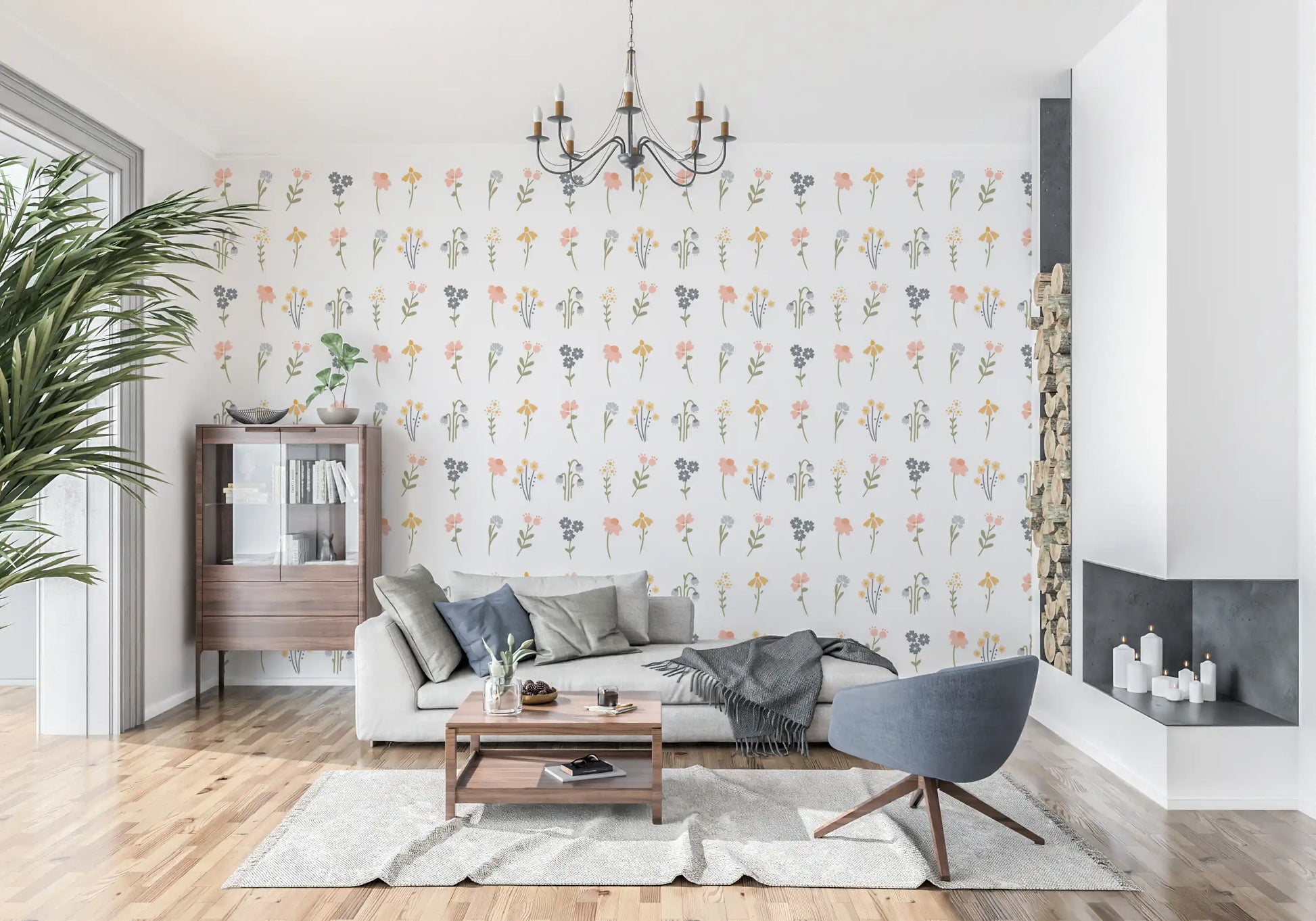 Hallway with the Wildflower Portraits wallpaper repeated in scattered floral motifs

