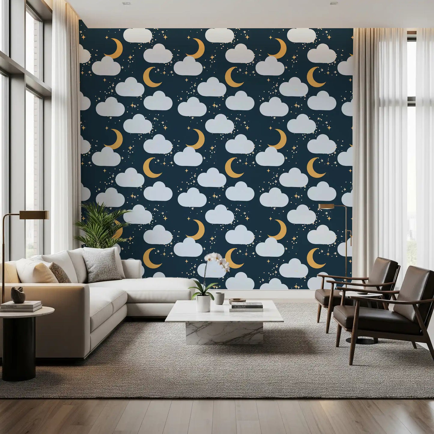 Living room papered in the Celestial Dreams night sky wallpaper