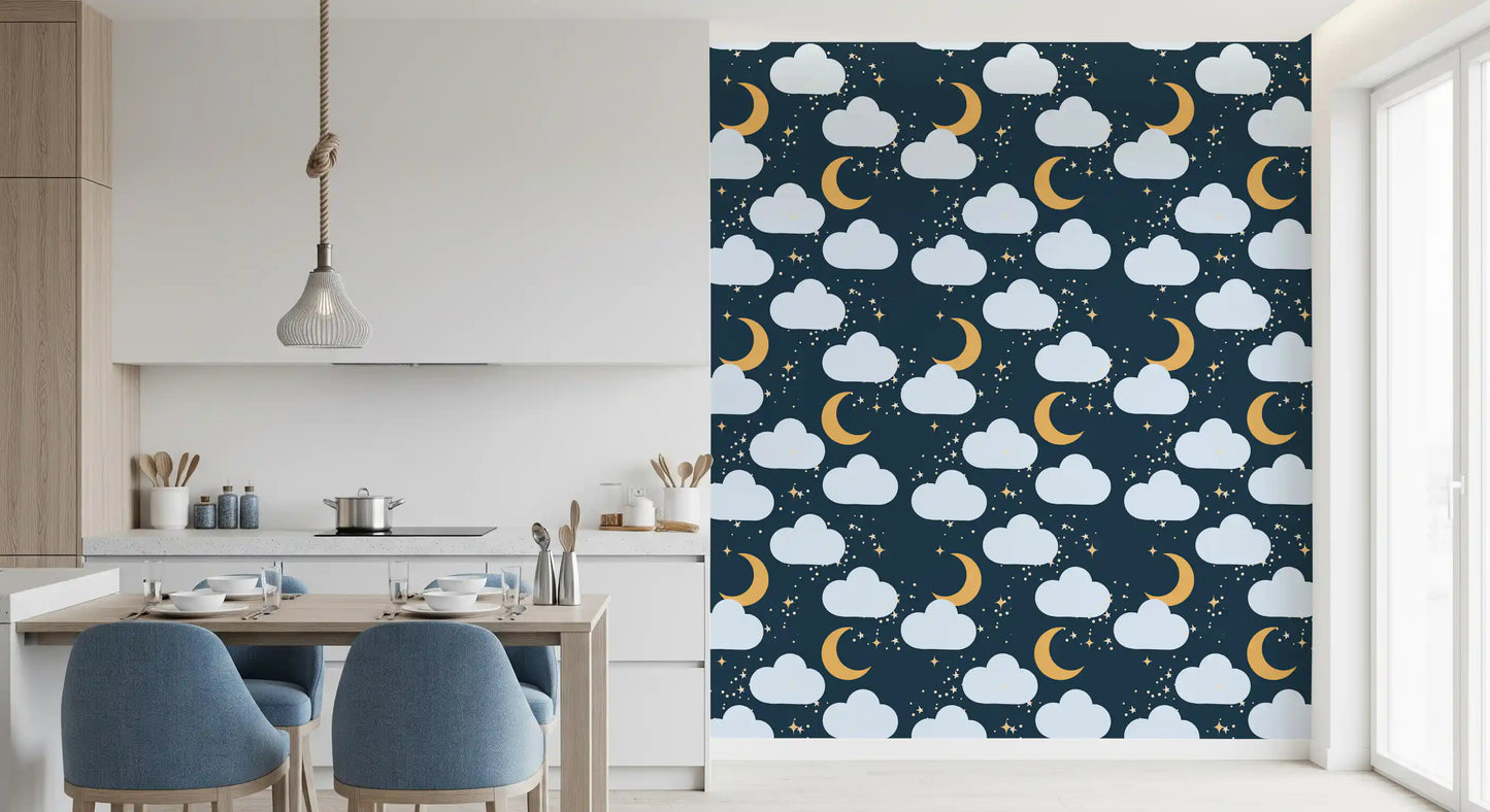 Golden crescent moons sit beside pale clouds on the night sky wallpaper
