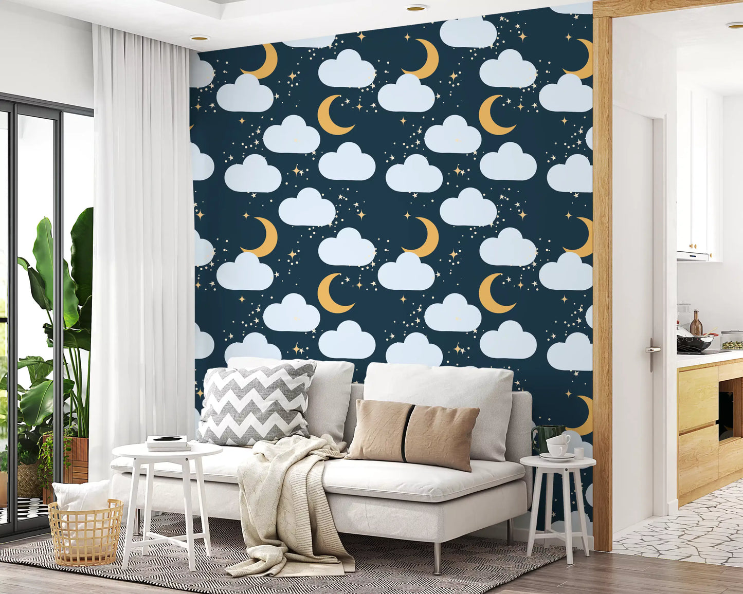 Living room wallpaper layout with pale clouds and golden crescent motifs