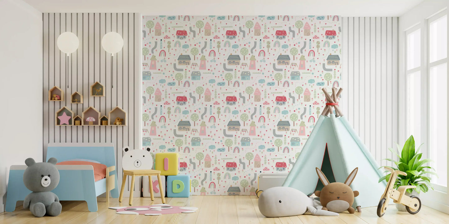 Tiny bicycles tucked between flowers on the Village wallpaper repeat