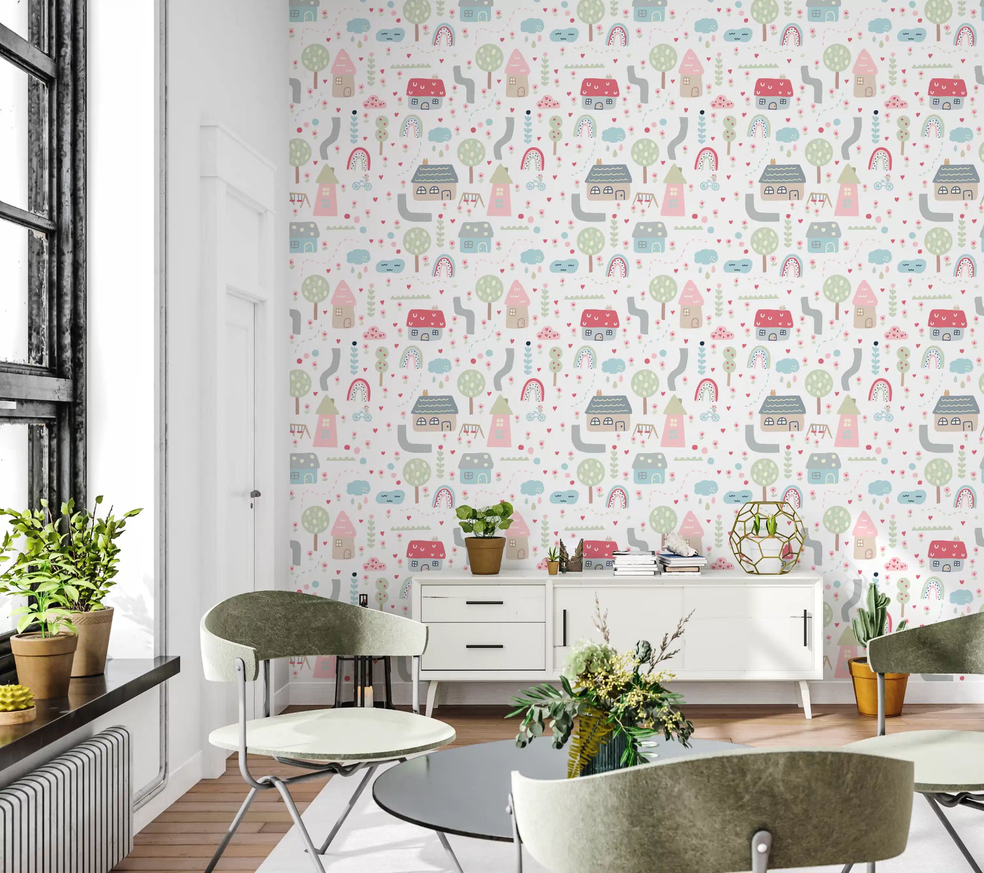 Dining room shelf set against the patterned Baby Village wallpaper backdrop