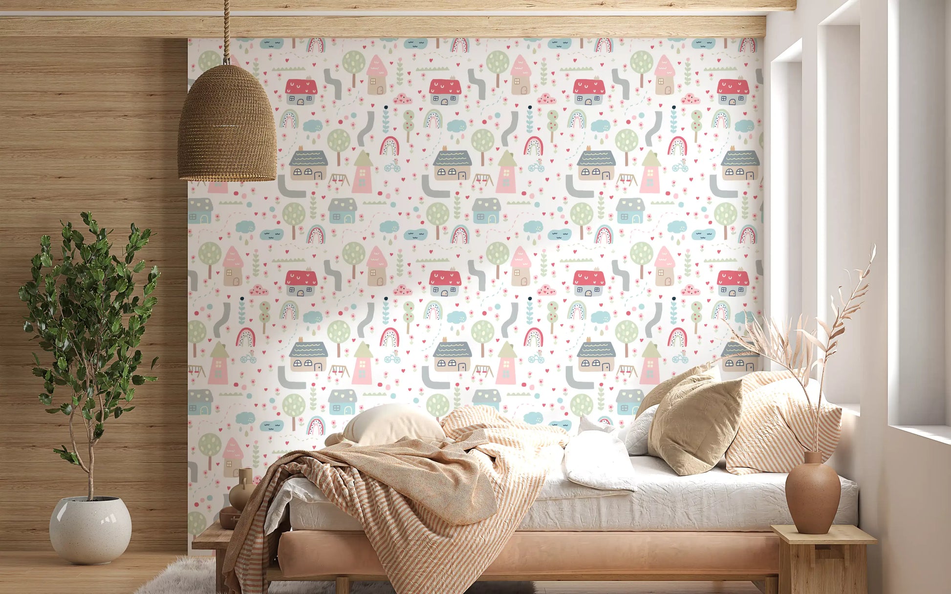 Bedroom corner backed with the Baby Village wallpaper near a tufted pink bench