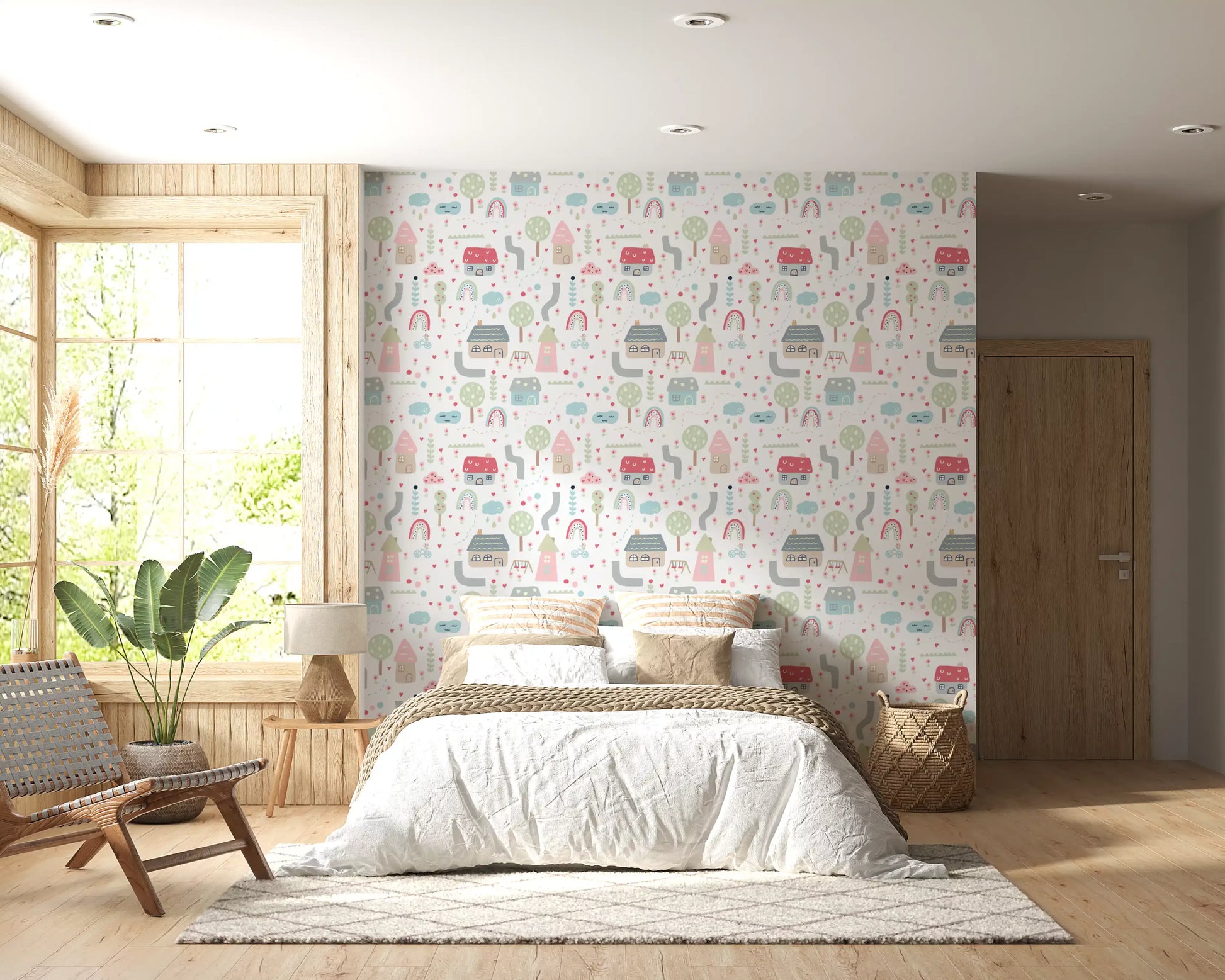 Cream backdrop holds the storybook motifs of the Baby Village wallpaper neatly