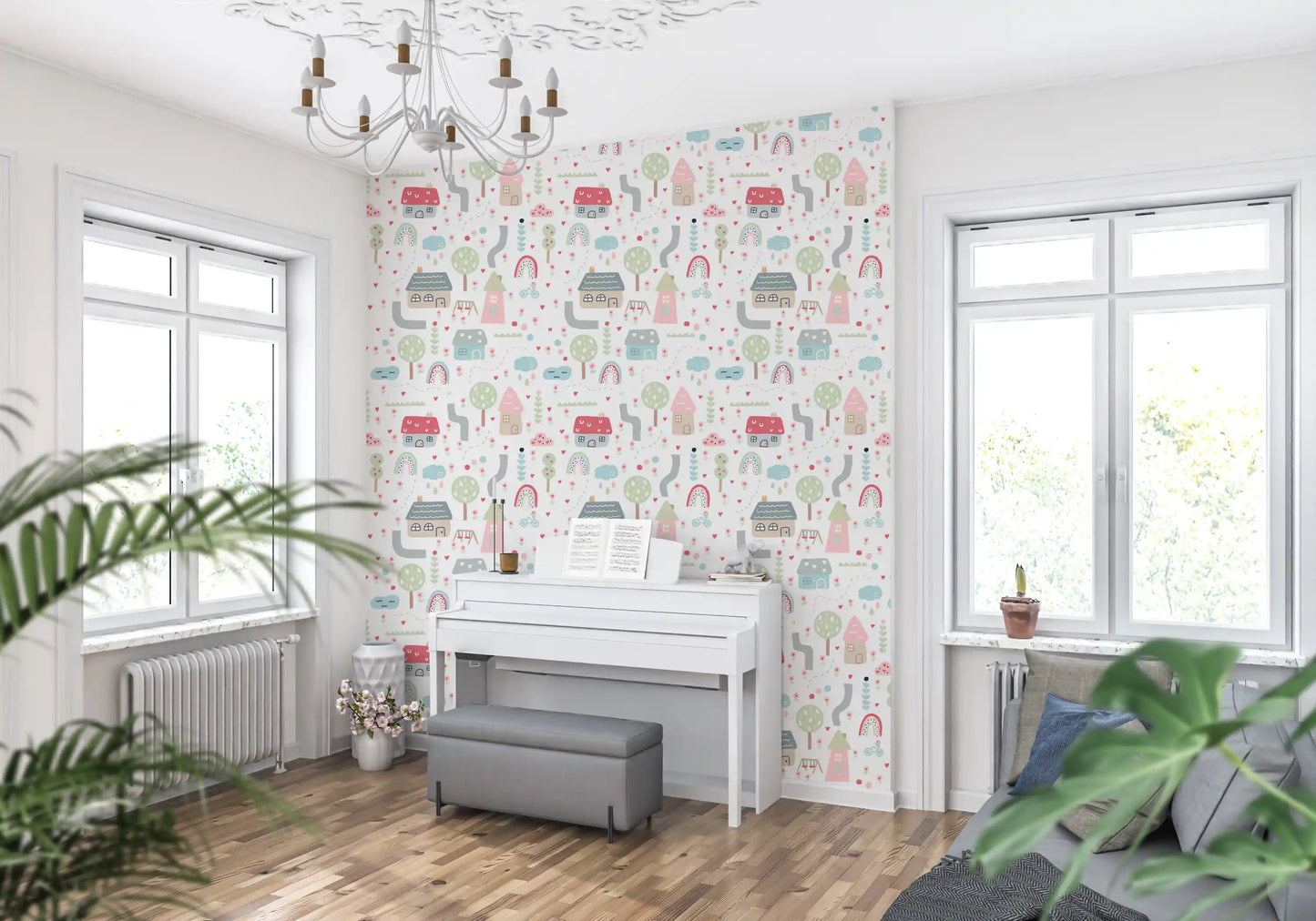 Pastel houses, rainbows, and hearts patterned across the Baby Village wallpaper