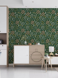 Tiny mustard pebble clusters fill the Evergreen Floral Wallpaper layout.