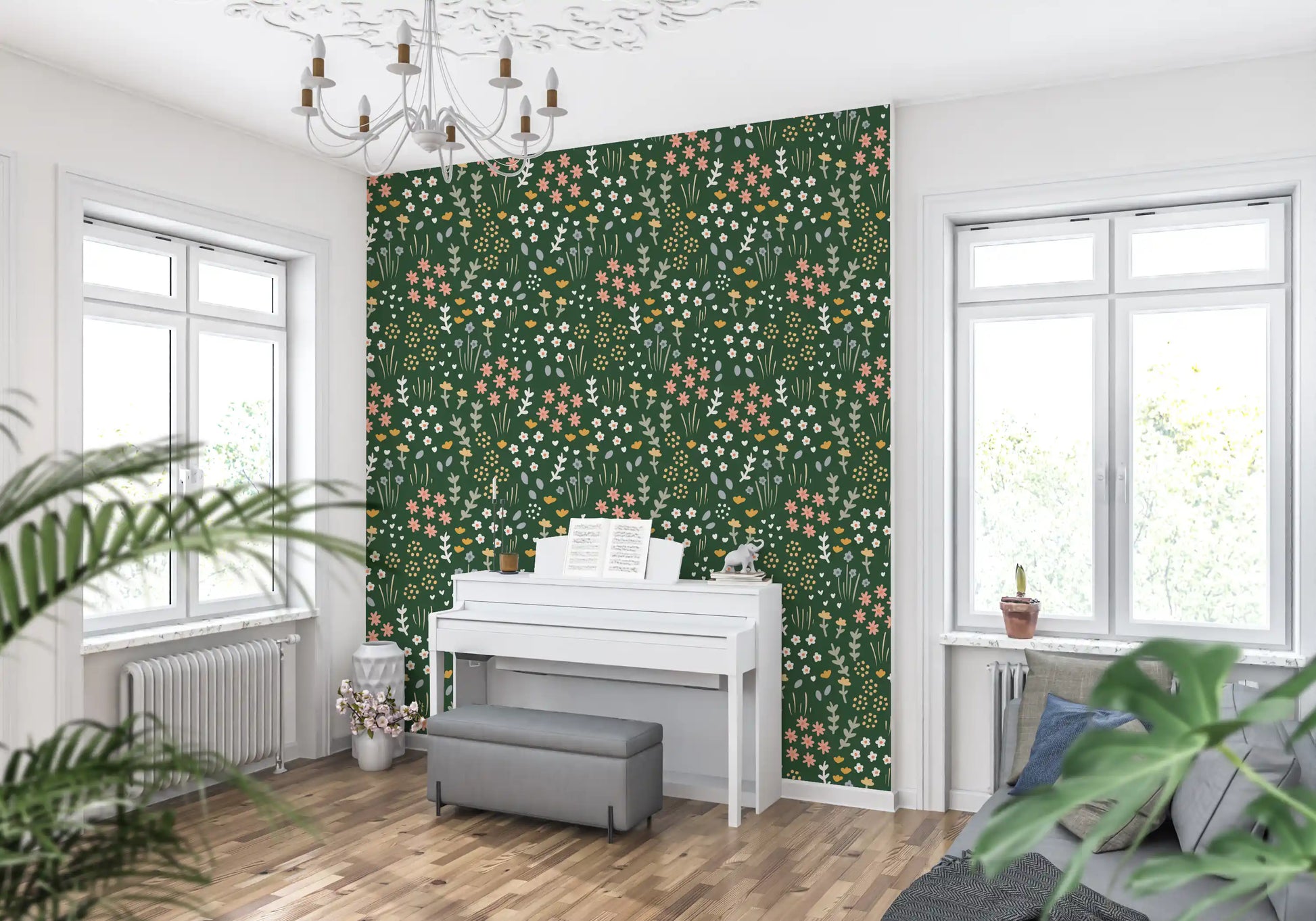 Music area opens onto Evergreen Floral Wallpaper in deep forest green.