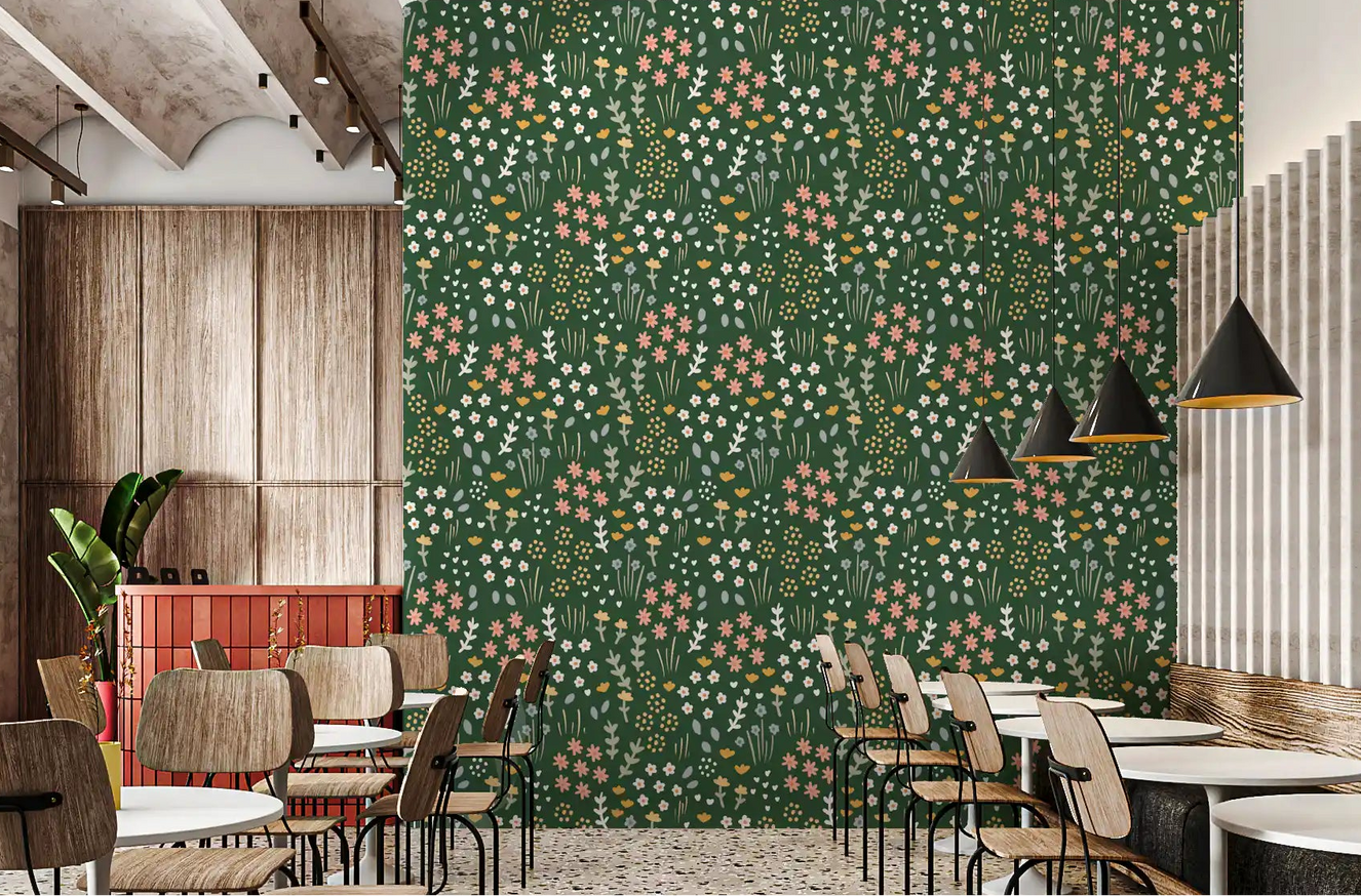Cafe interior lifted by the Evergreen Floral Wallpaper along a long stretch