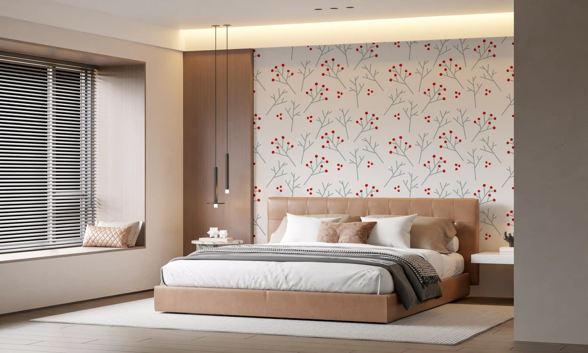 For a bedroom, Scandi Berry Branches wallpaper layers clusters between silver lines.
