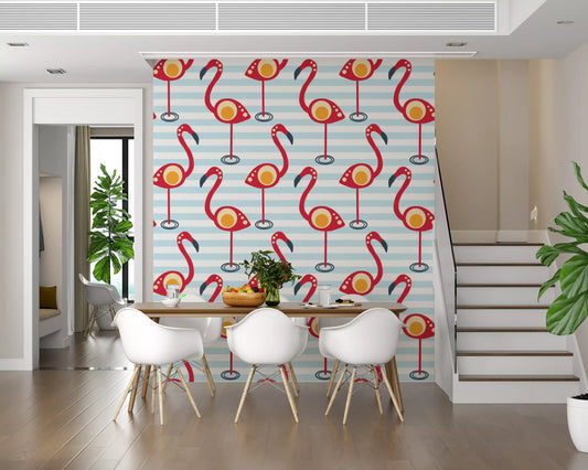 A Dining room gains cheer from playful birds in Retro Flamingo Fun Wallpaper.