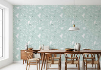 Pale aqua background sets a Dining room the Serene Sky Birds wallpaper layout.