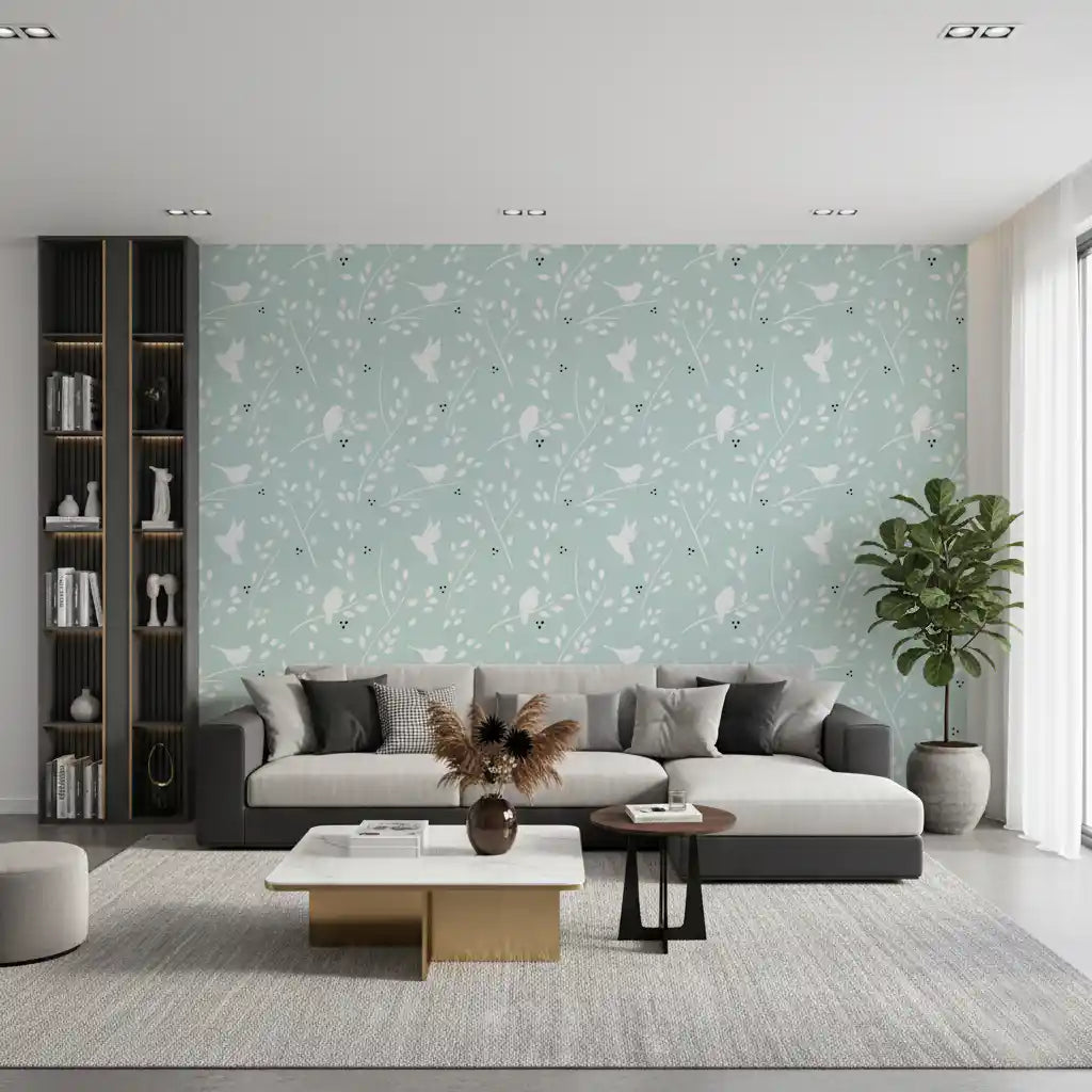 Slim botanical strokes weave through the Serene Sky Birds wallpaper field.