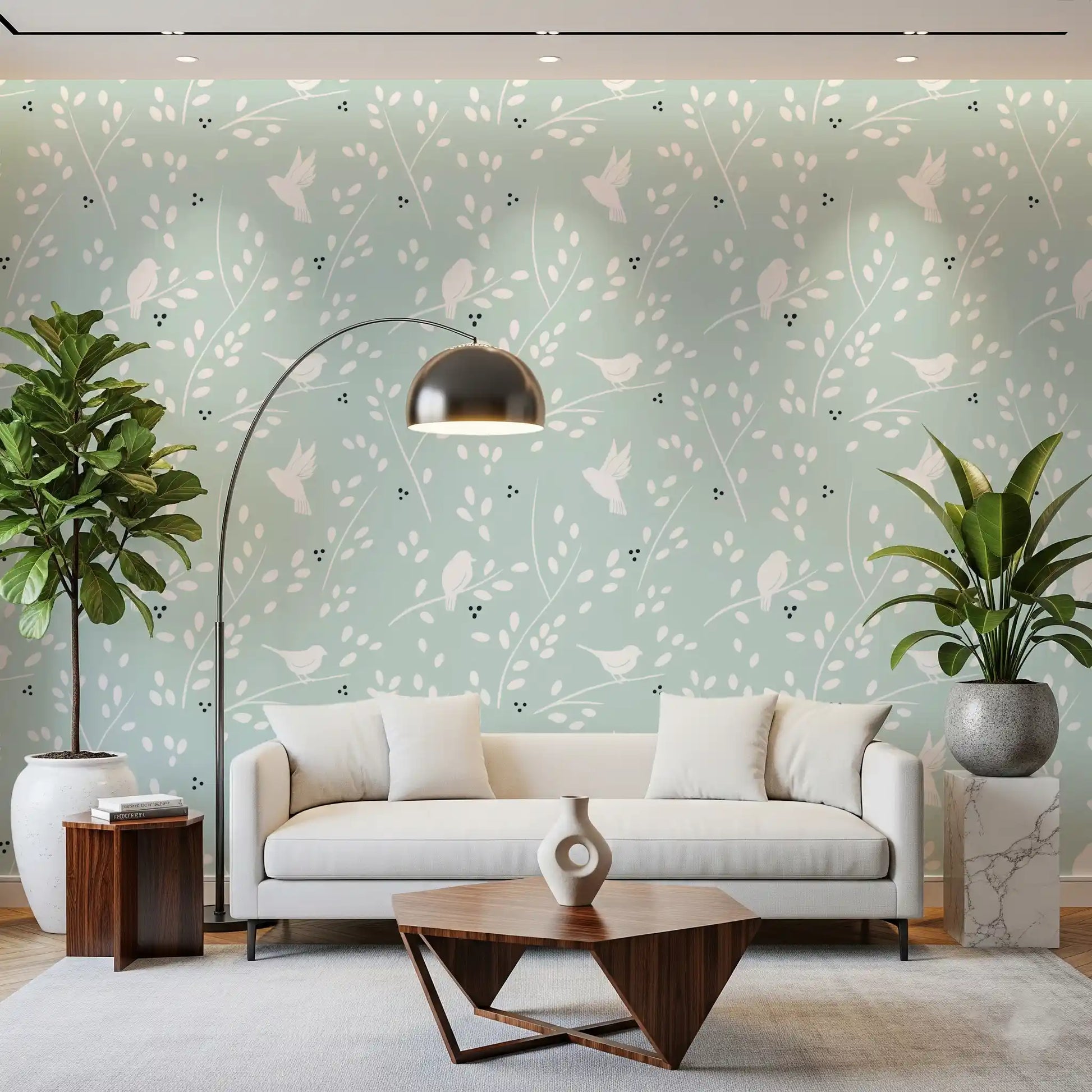 Serene Sky Birds wallpaper pairs naturally with a calm living room palette.