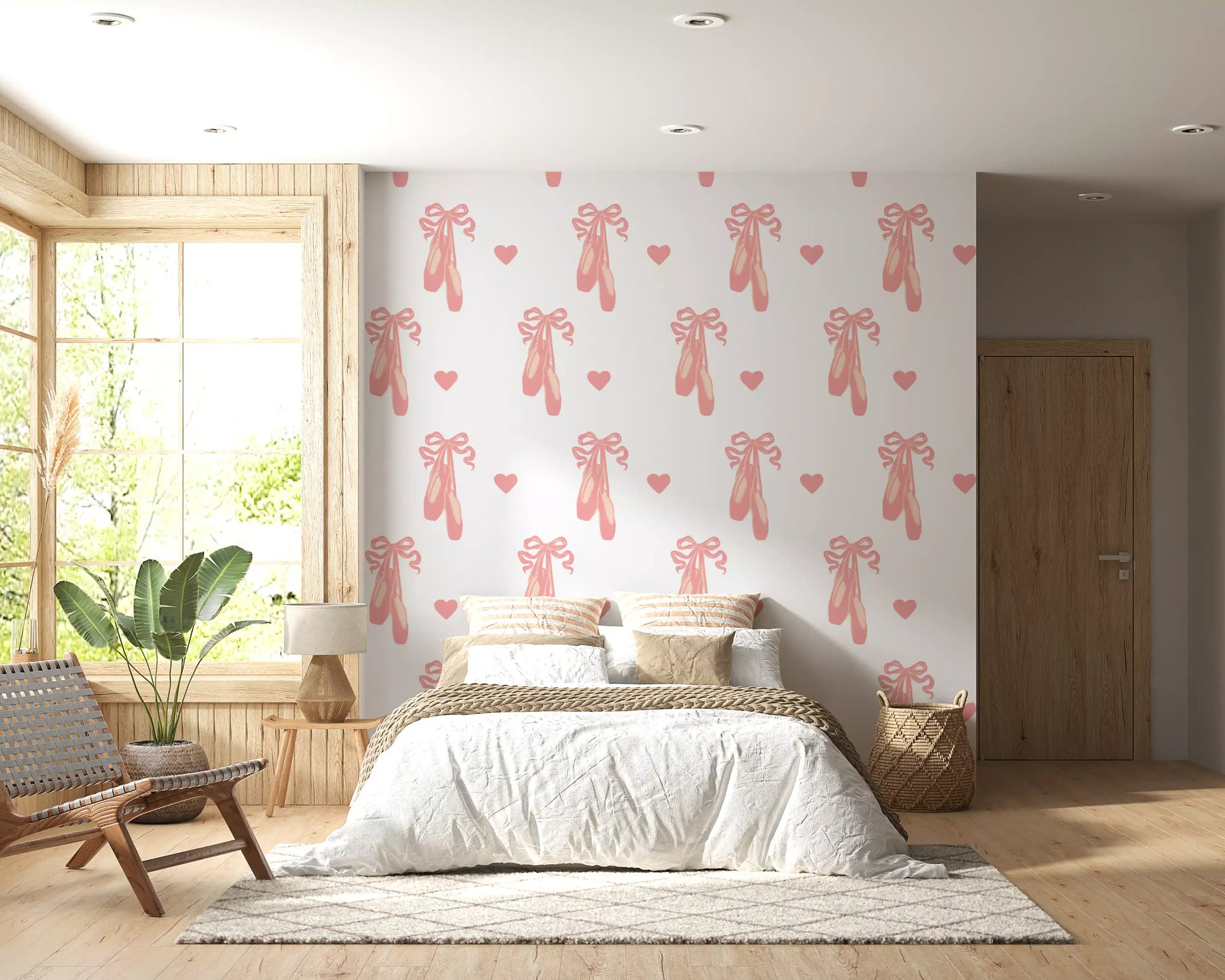 Pale ivory and pink form the base of Sweet Ballet Dreams wallpaper in a Bedroom area.