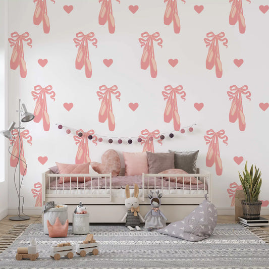 Sweet Ballet Dreams wallpaper turns a young girl's Nursery into a calm pink hideaway.