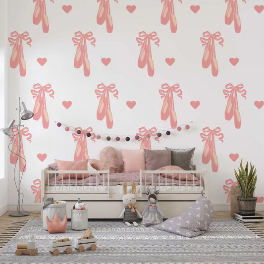 Sweet Ballet Dreams wallpaper turns a young girl's Nursery into a calm pink hideaway.