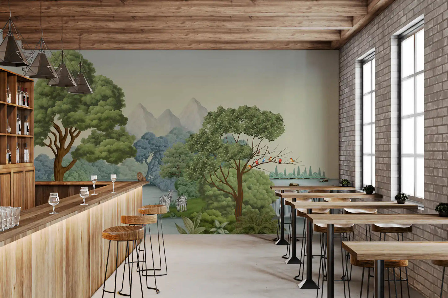 Café takes a gentle visual cue from this Safari River Oasis wall mural.