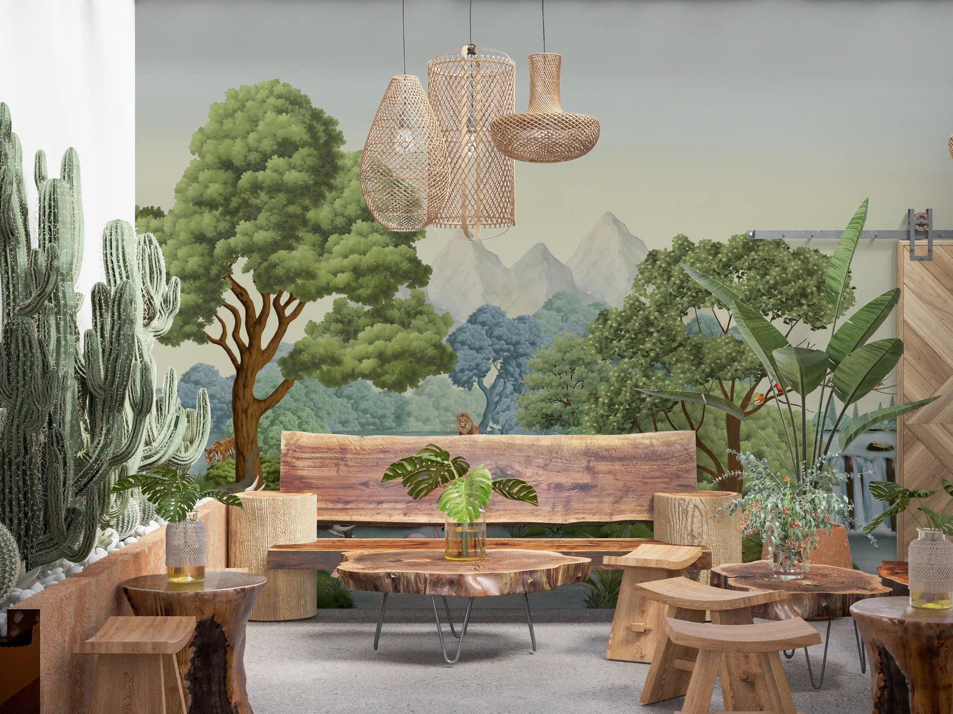 Standing among grass, zebras graze in Safari River Oasis wall mural near towering peaks.