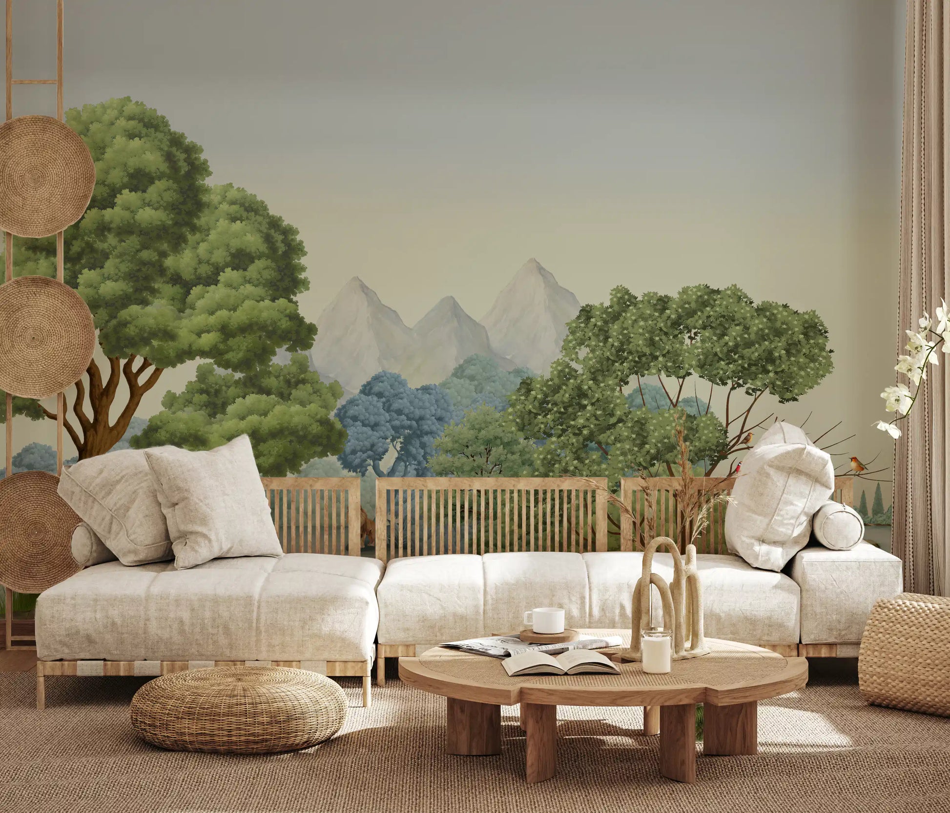 A small waterfall slips down rocks within Safari River Oasis wall mural.