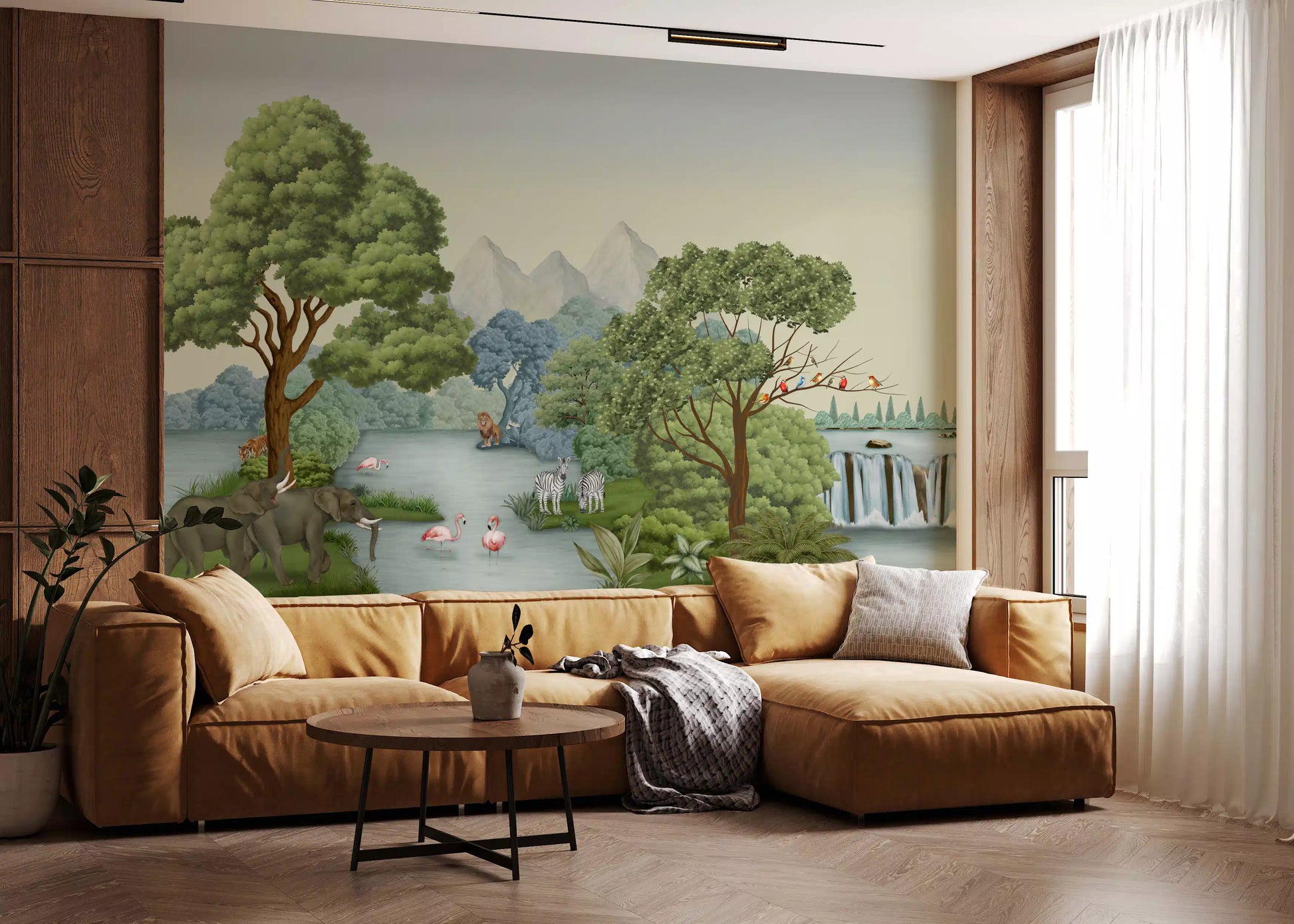 Hanging behind a small Living room, this Safari River Oasis wall mural shows wildlife.