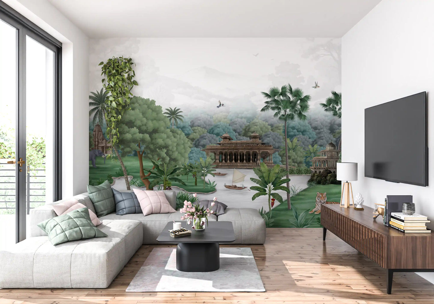 From a wide angle, Jungle Palace wall mural fills a living room with palms and tigers.
