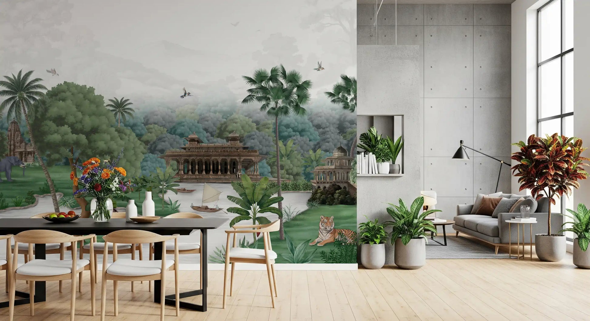 Tall palms lean across a flowing river in Emerald Palace wall mural with gardens around.