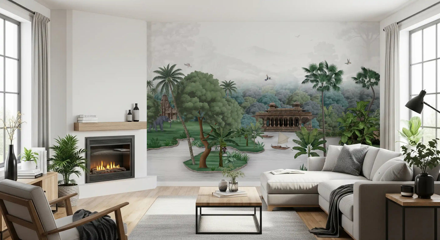 Living room backdrop, Emerald Jungle Palace wall mural shows palms.