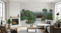 Living room backdrop, Emerald Jungle Palace wall mural shows palms.