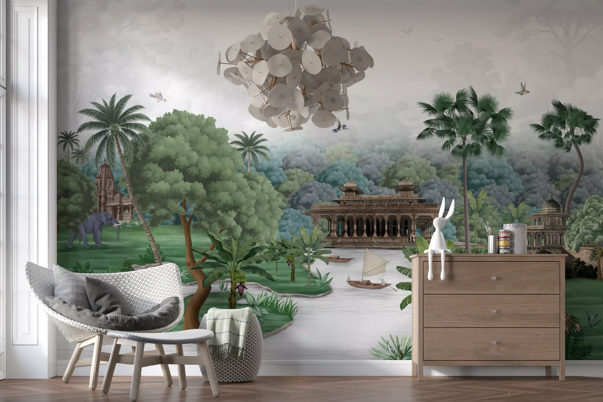 Emerald wall mural opens onto wide tropical scenery with elephants and tigers.