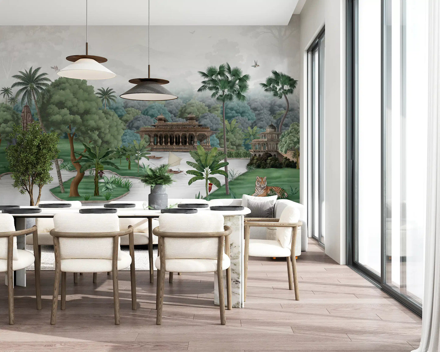 Emerald wall mural extends across a dining room with palms and ornate facades.
